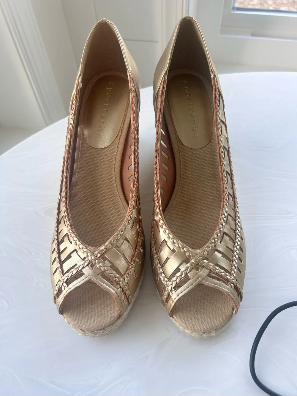Apostrophe Metallic Gold Braided Espadrille Wedges size 8